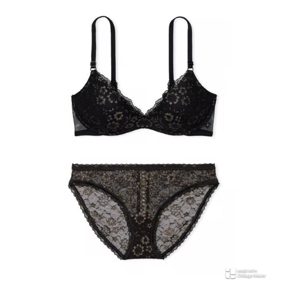 VS Wireless Bra and Panty Set Posey Lace Black NWT 34B/S